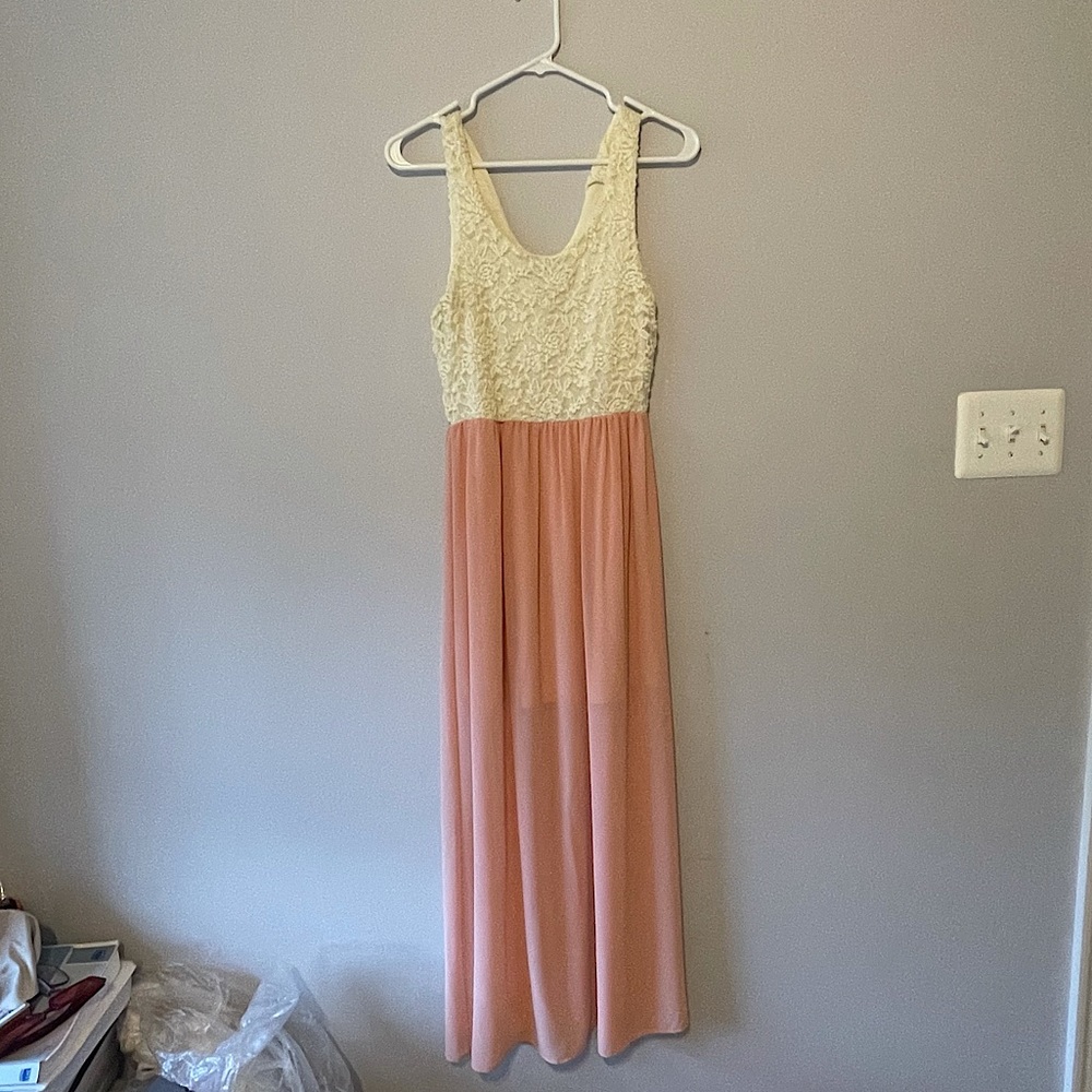 Maxi dress with cream top and pink skirt